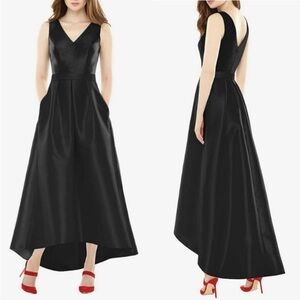 Alfred Sung Black Satin High Low V Neckline Satin Twill Evening Gown NEW Size 16